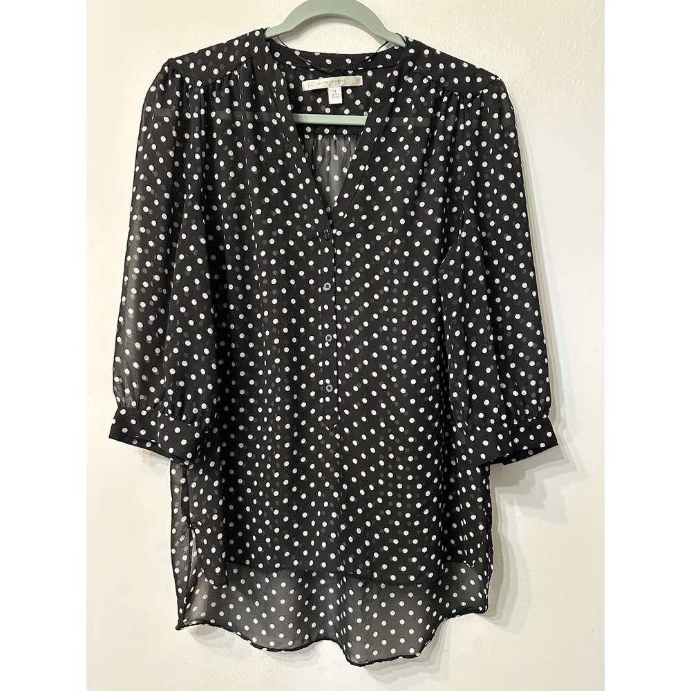 Lauren Conrad Womens Size L Black White Polka Dot Sheer Chiffon Top Blouse